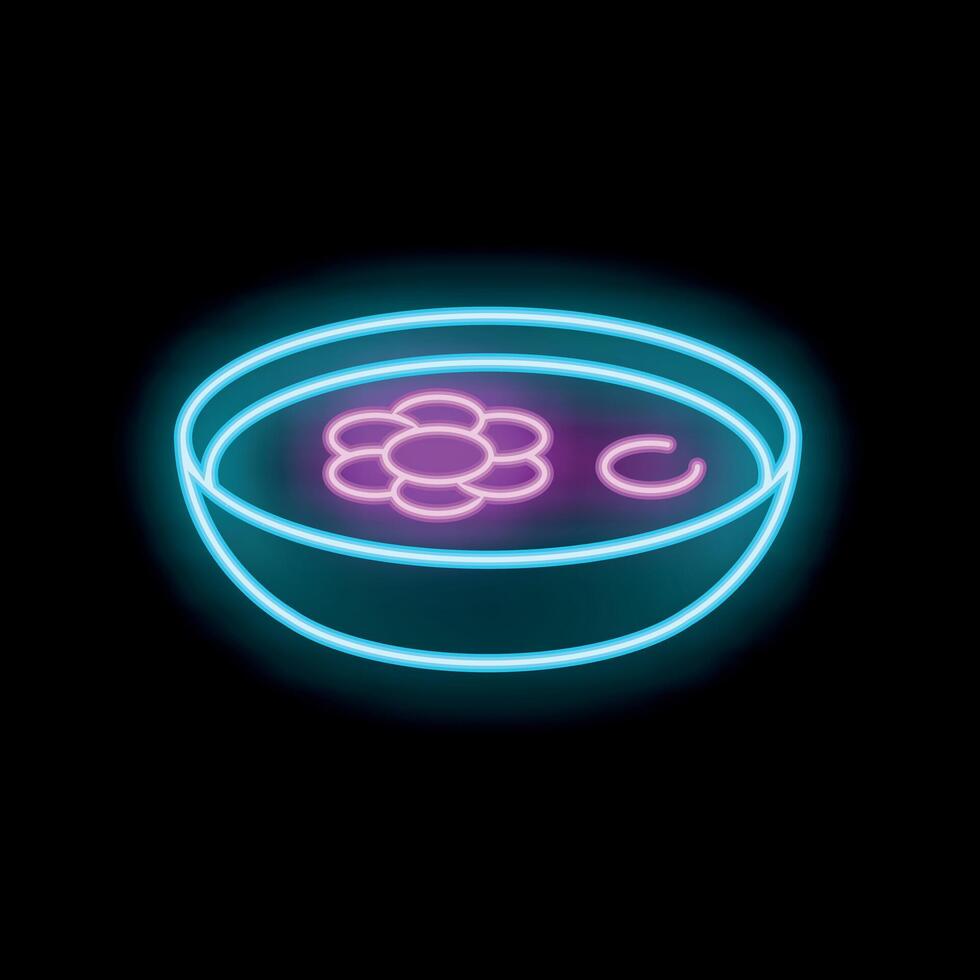 Neon sign of a bowl glowing with hot soup on black background vector
