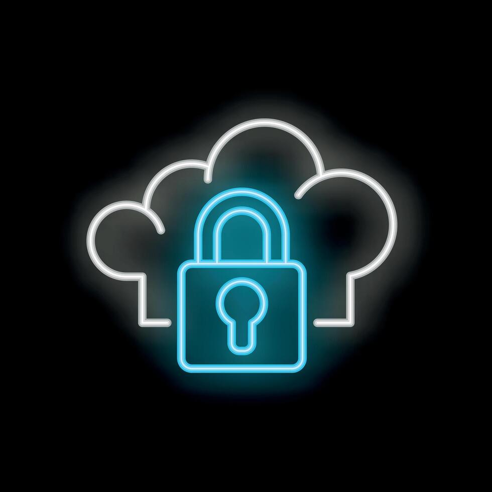 Neon blue padlock glowing behind white clouds on black background vector