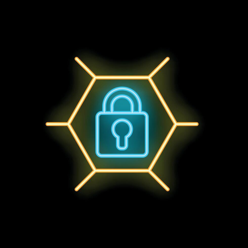 Neon padlock inside honeycomb representing cybersecurity concept vector
