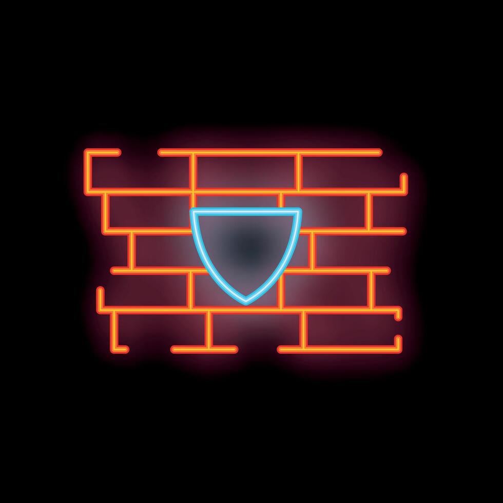Neon shield protecting brick wall icon illustrating firewall security vector