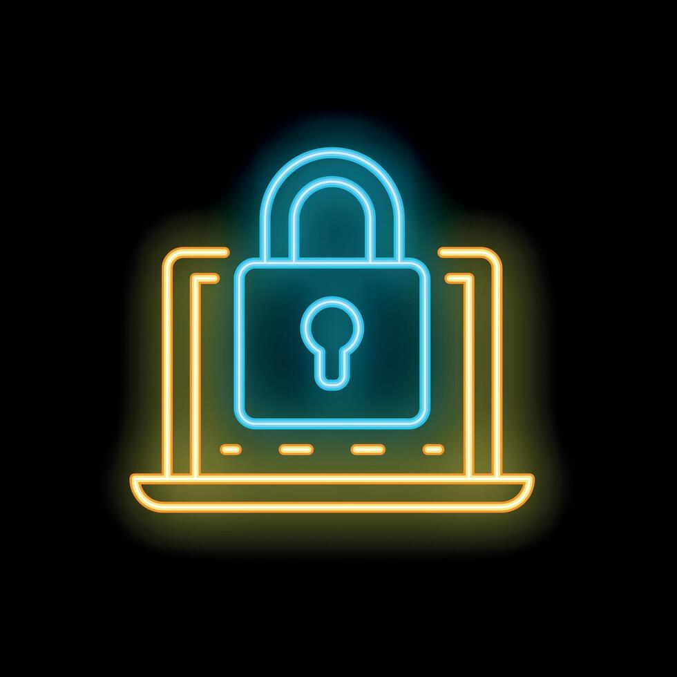 Neon cyber security lock on laptop icon glowing on black background vector