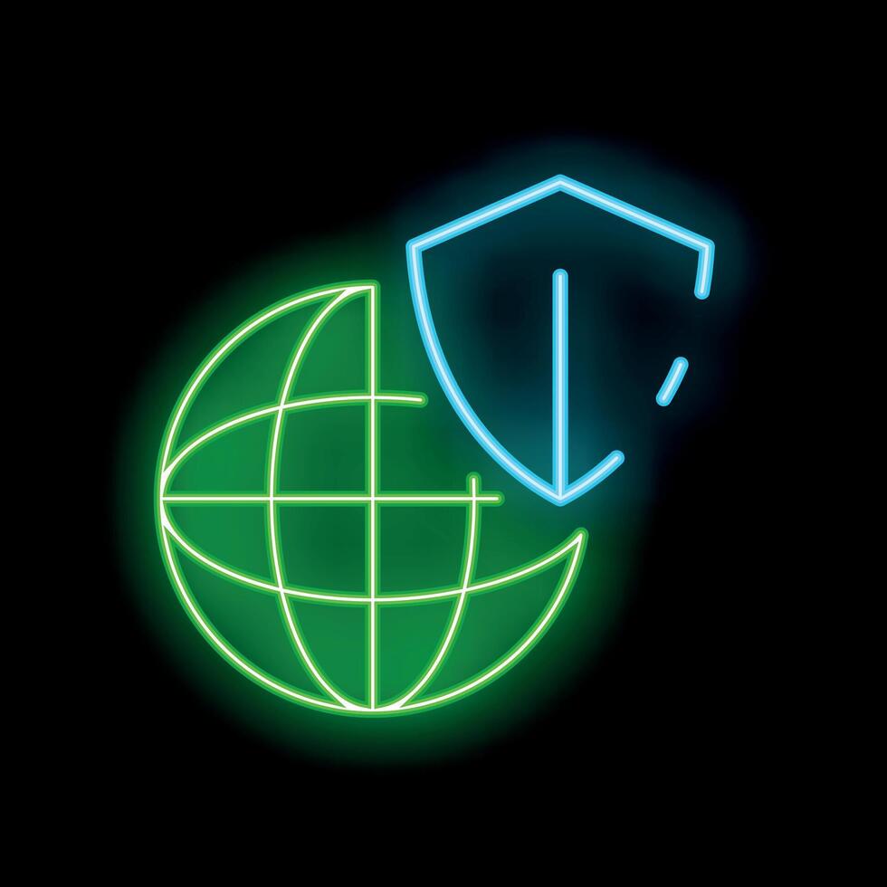 Neon shield protecting earth globe icon glowing on dark background vector