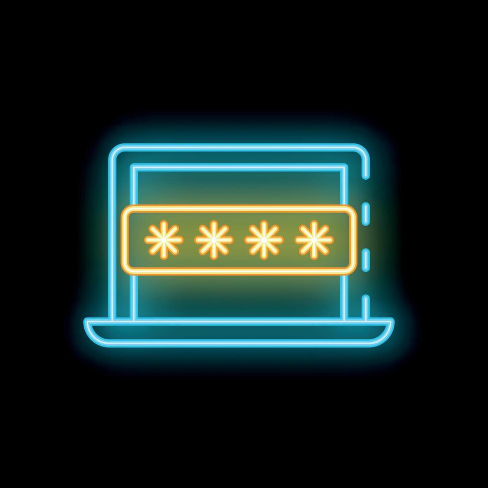 Neon blue laptop showing password protection with asterisks on black background vector