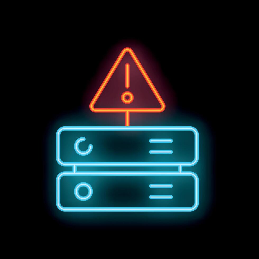 Neon server icon showing warning sign for data loss or virus vector