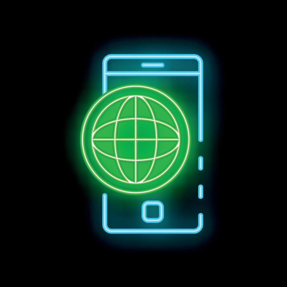 Neon icon of smartphone displaying green globe for global connectivity vector