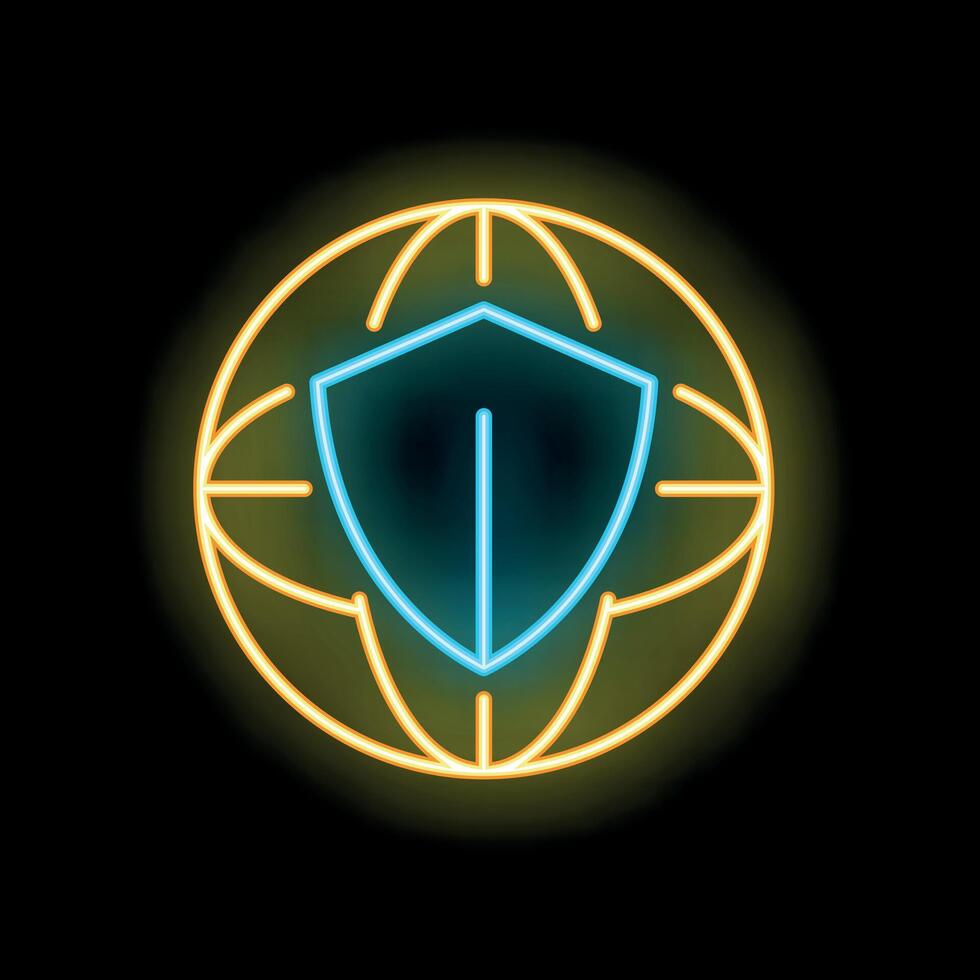 Neon shield protecting globe icon for global security concept vector