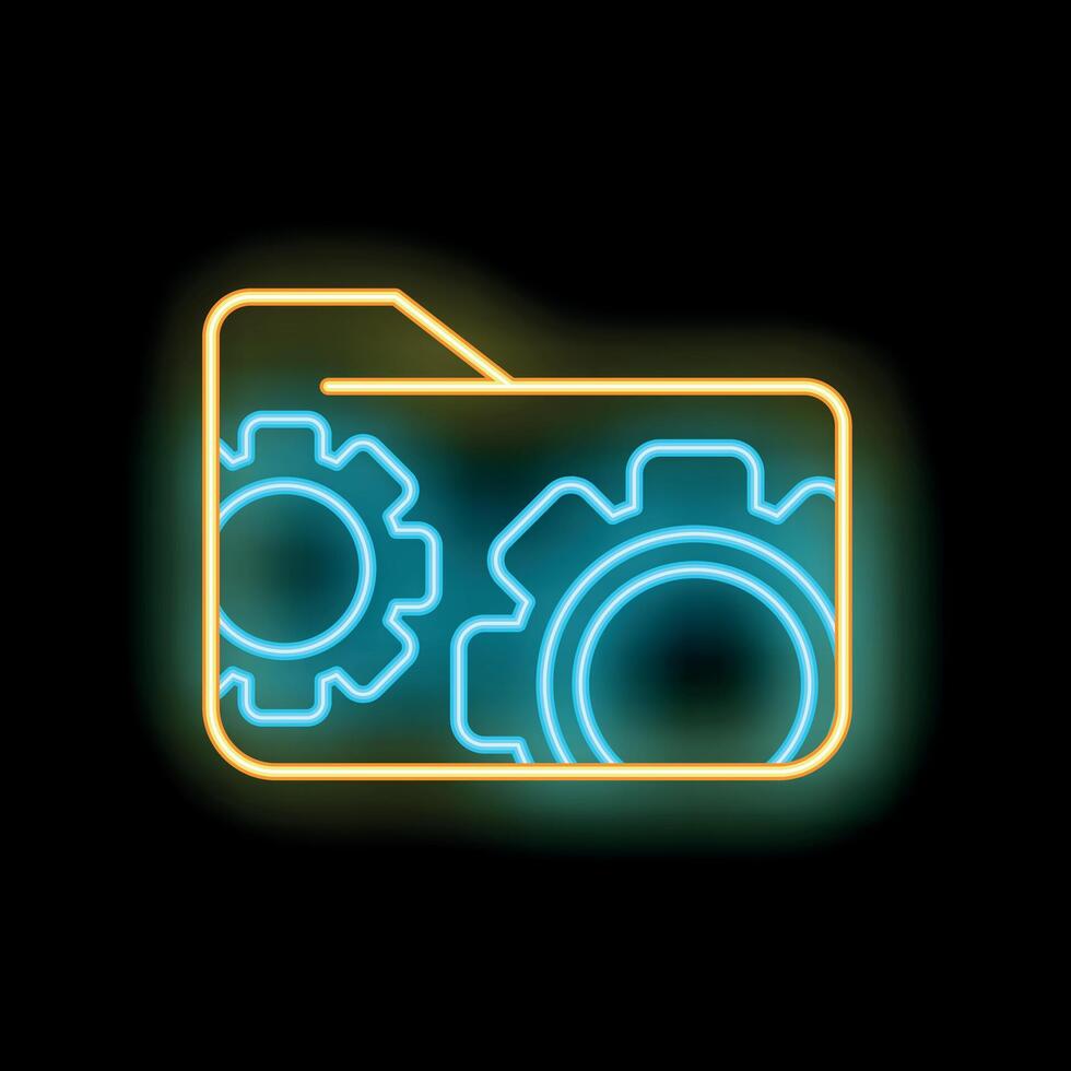 Bright neon icon of a folder with gears is glowing on a black background, representing data security and technical support vector