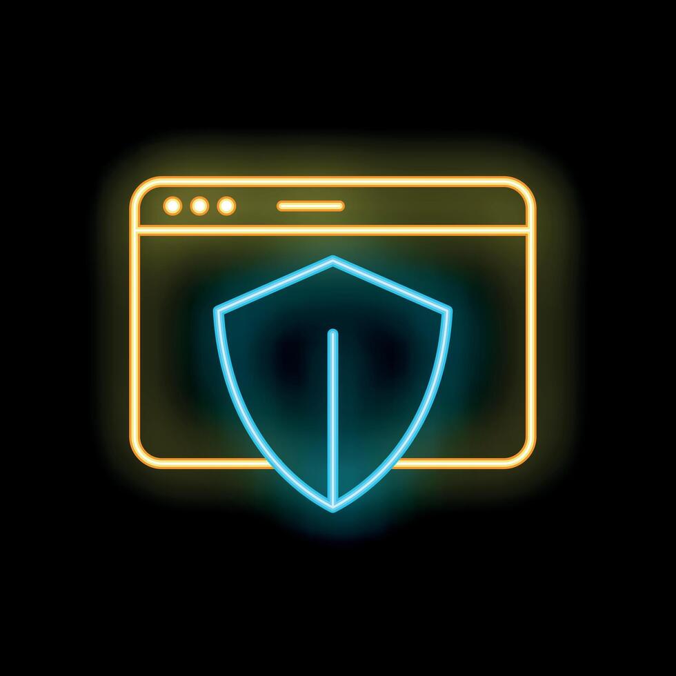 Neon icon of shield protecting internet webpage vector