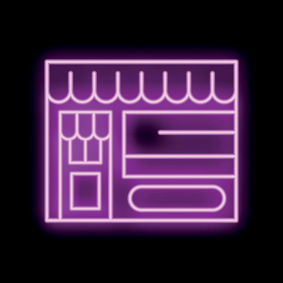 Neon sign depicting a storefront with awning and glowing windows on black background vector