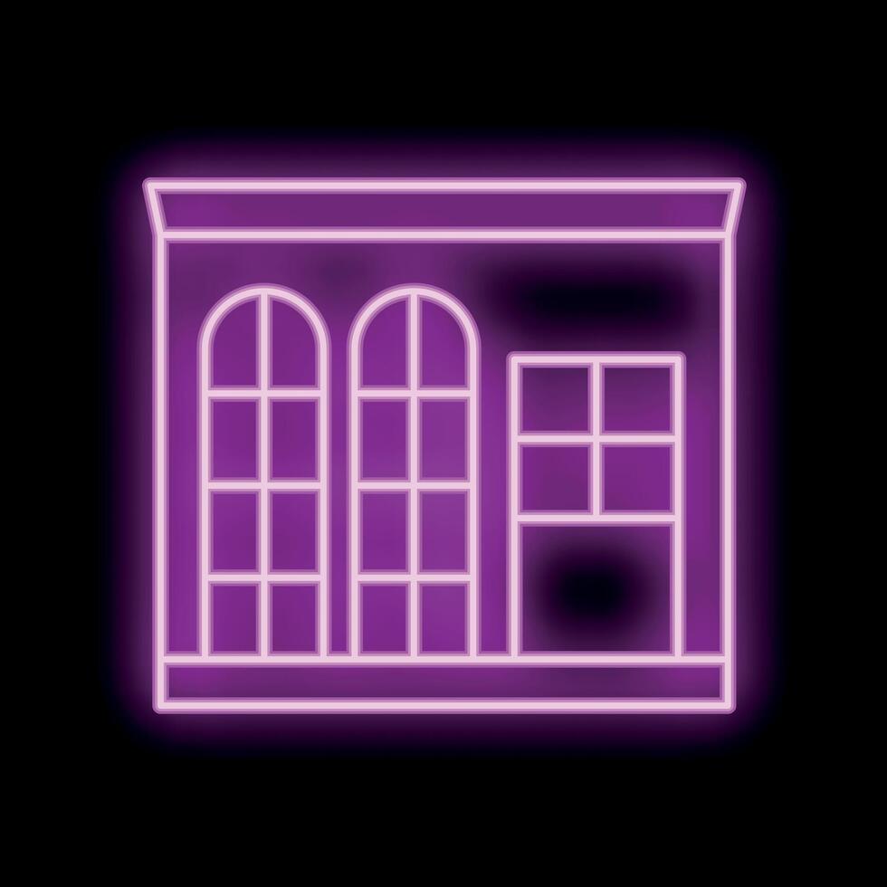 Glowing purple neon building facade with windows on black background vector
