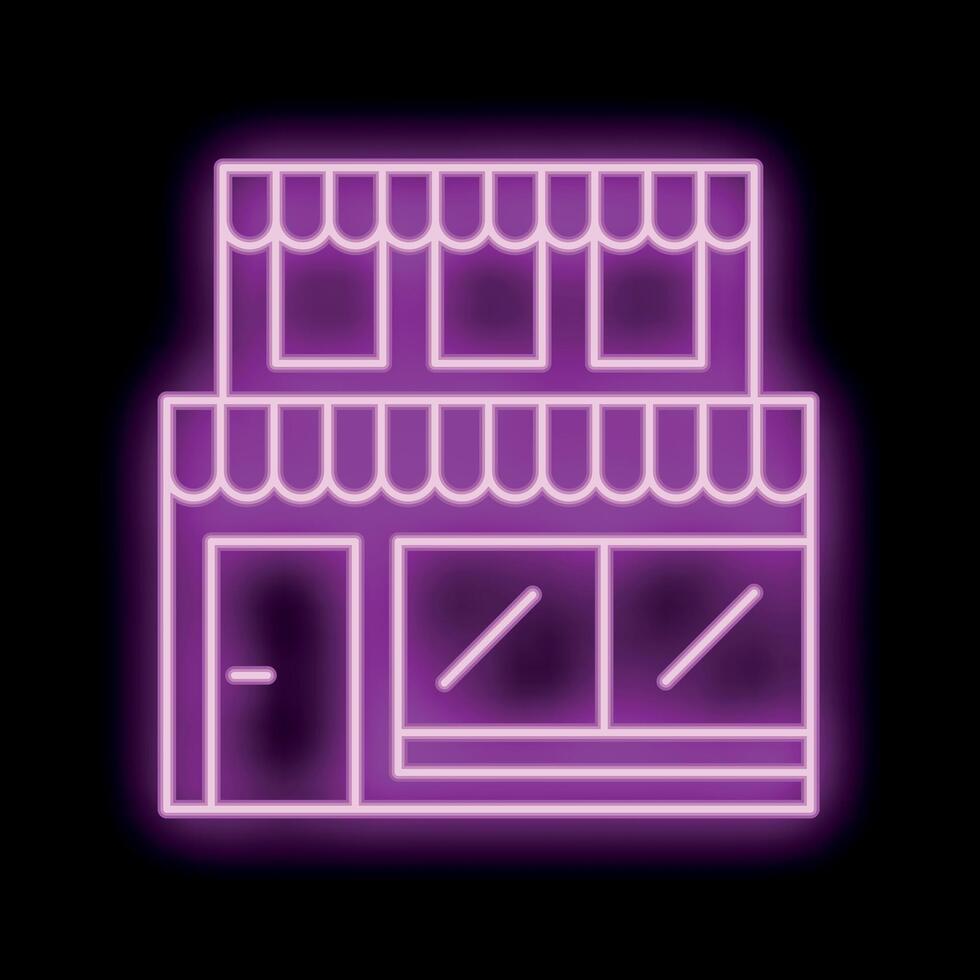Glowing neon sign depicting a storefront with awning and windows on a black background vector