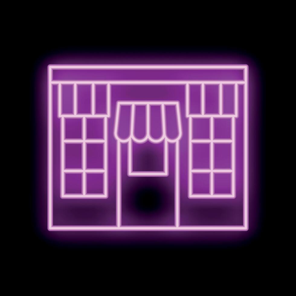 Glowing neon sign depicting a storefront with awning and windows on black background vector