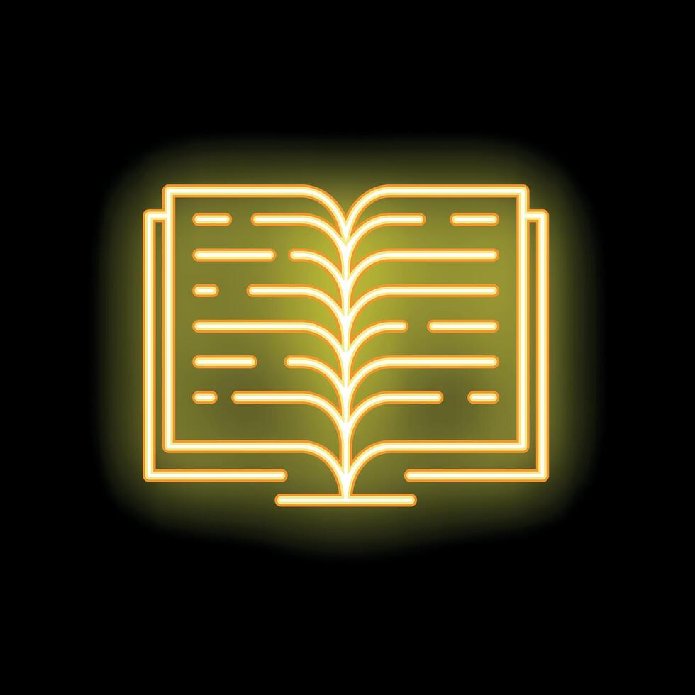 Neon open book shining with yellow light on black background vector
