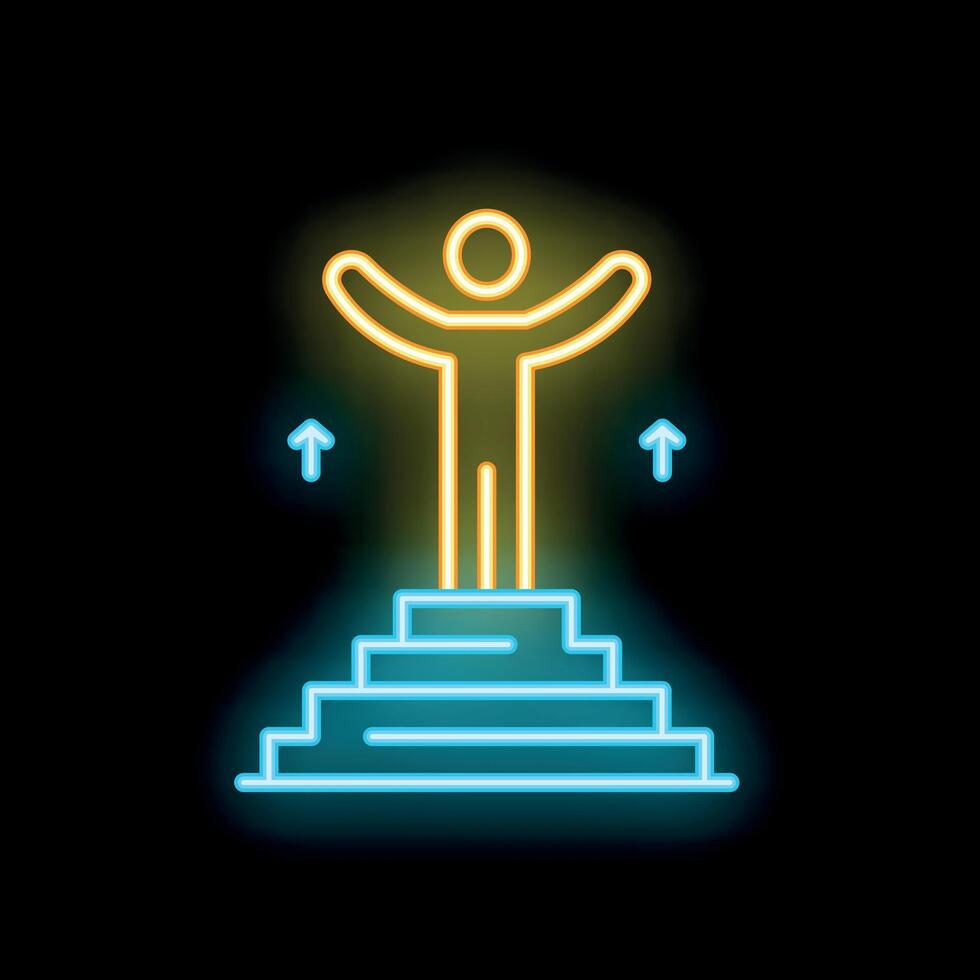 Neon sign representing a businessman celebrating success on top of stairs vector