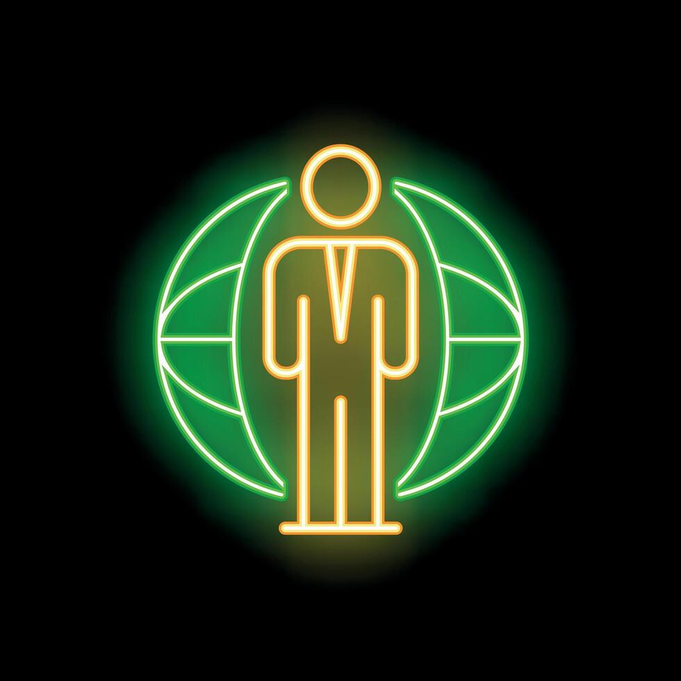 Businessman standing in front of planet earth neon sign on black background vector