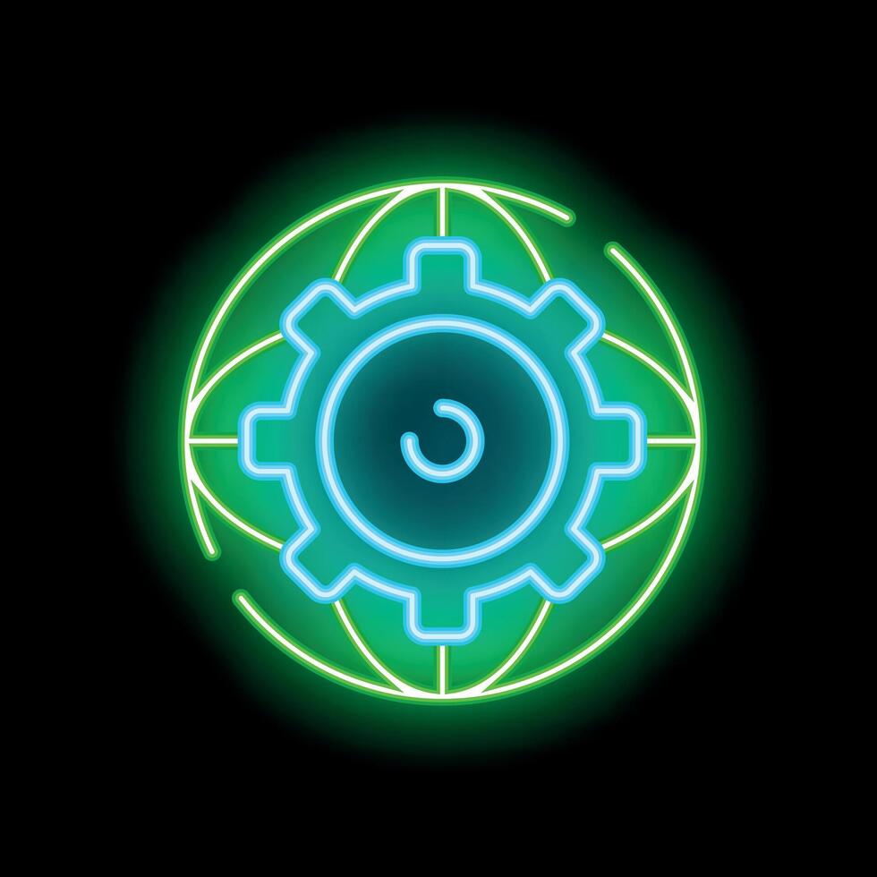 Neon icon of a gear representing global business and technology vector