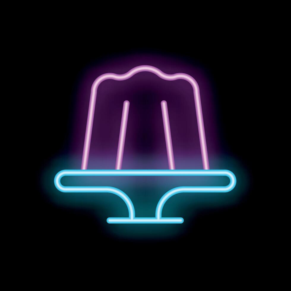 Neon sign of sweet dessert pudding glowing on black background vector