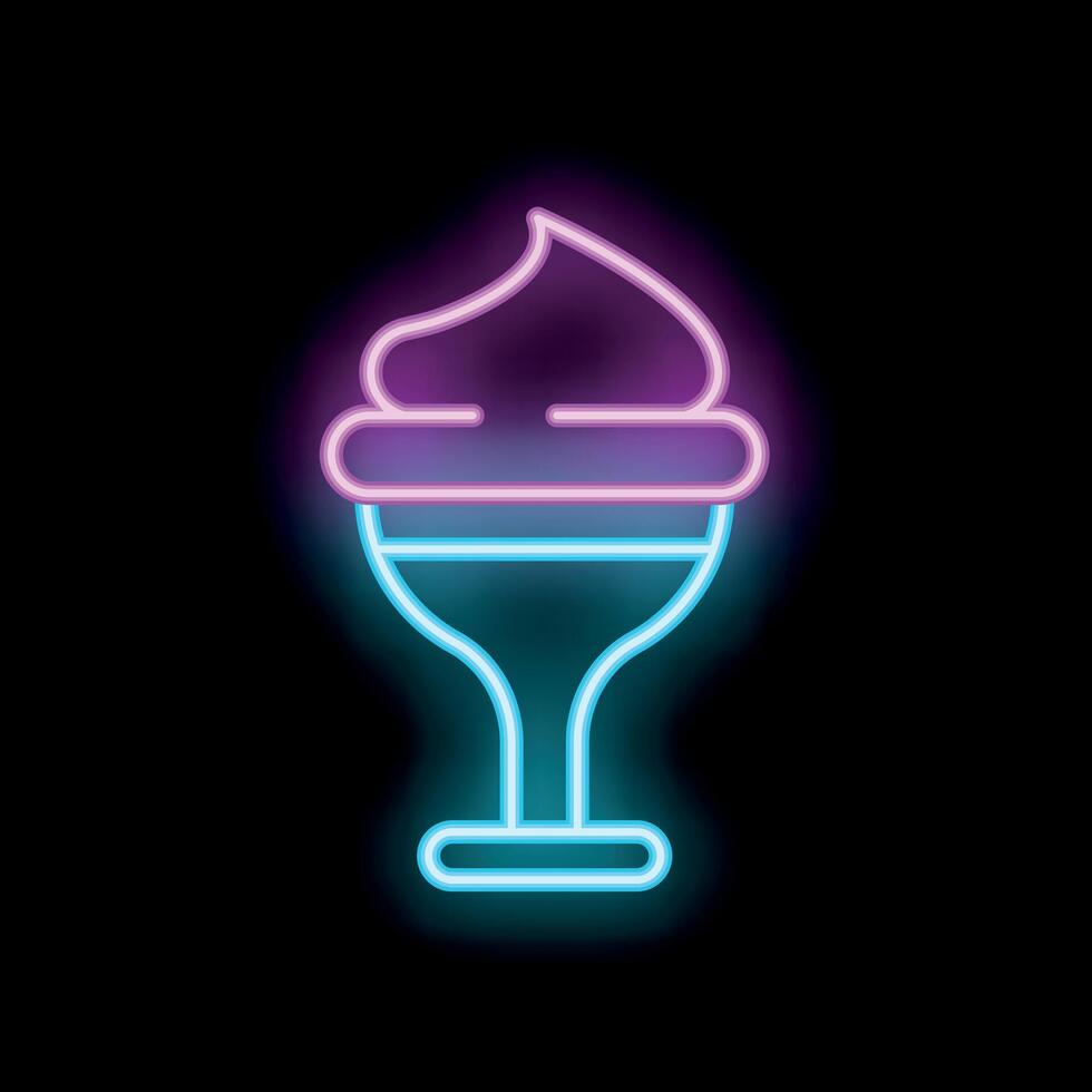 Neon sign of a delicious ice cream sundae with whipped cream glowing on black background vector