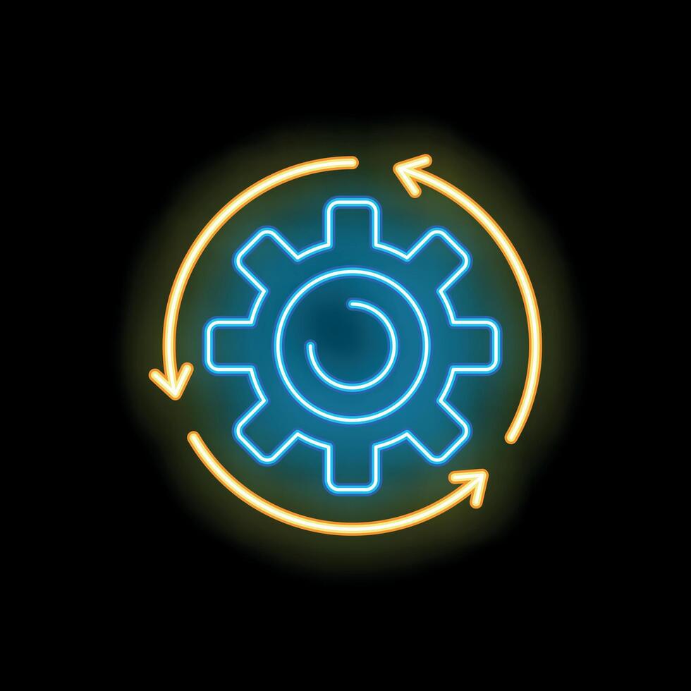 Neon icon of a gear rotating with arrows showing workflow process vector