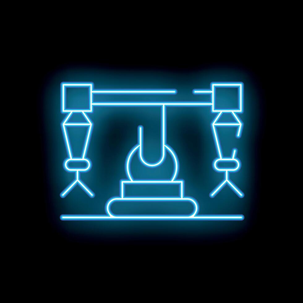 Neon blue industrial robot lifting mechanism icon on black background vector