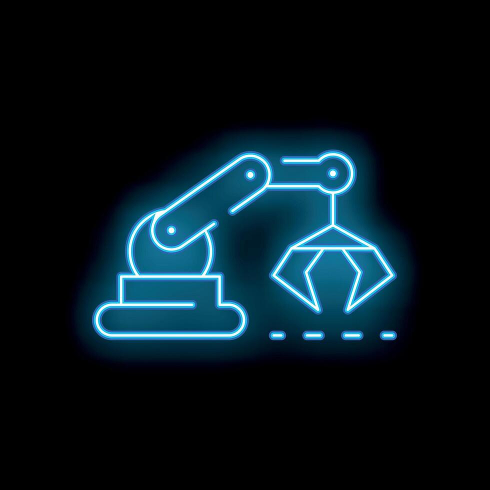 Neon blue industrial robot arm holding something with three claws vector