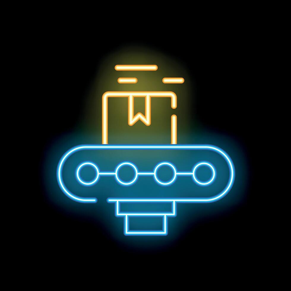 Neon icon of cardboard box moving on conveyor belt vector