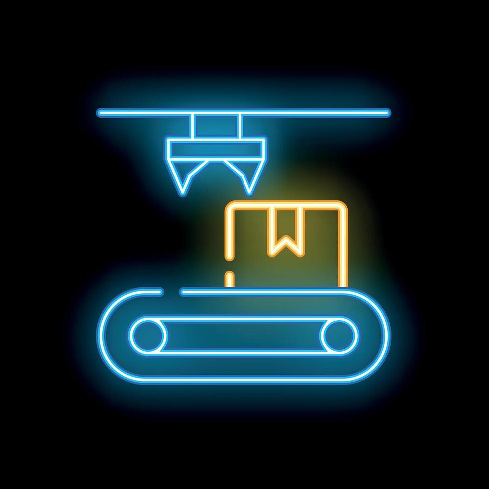 Neon sign of robotic arm moving cardboard box on conveyor belt vector
