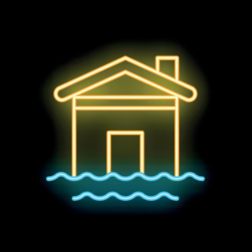 Neon icon of house being flooded with water damage vector