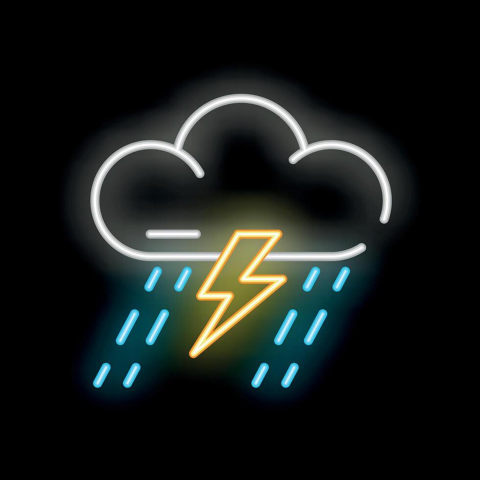 Neon sign representing storm cloud with lightning and rain falling vector