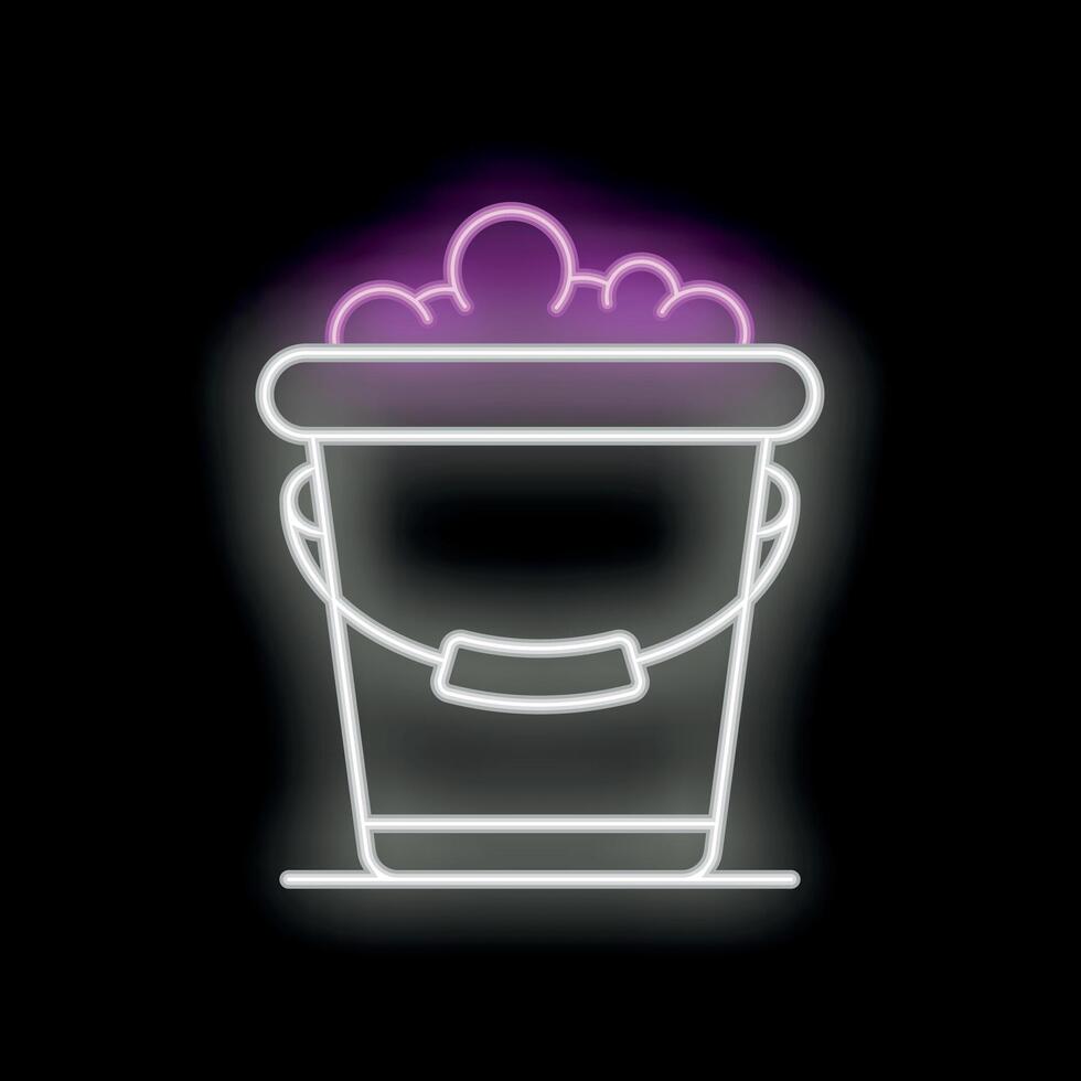 White bucket full of soap suds with neon light effect on black background vector