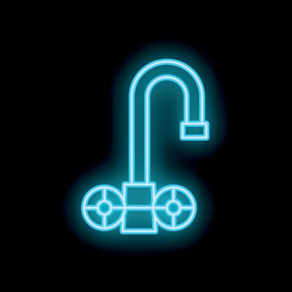Blue neon sign of water faucet with valve on black background glowing icon illustration concept vector