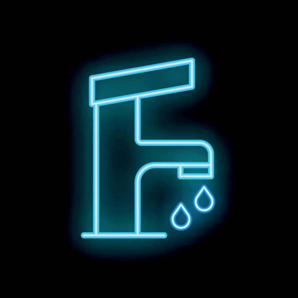 Neon sign of water faucet dripping on black background vector