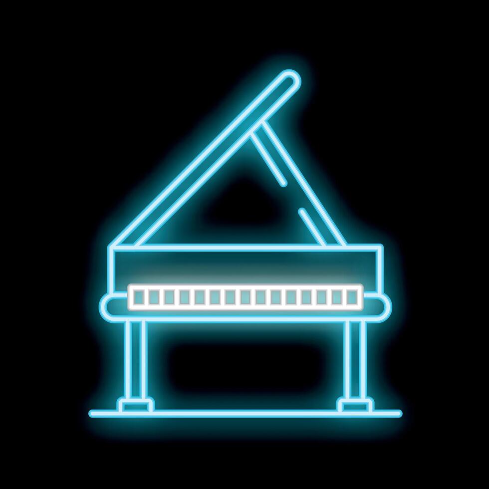 Blue neon sign of grand piano with open lid on black background vector