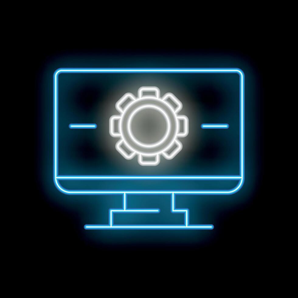 Neon icon of computer monitor displaying settings gear symbol vector