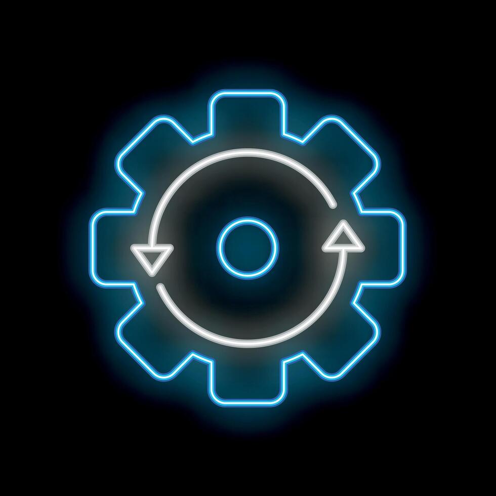 Neon blue gear with rotating arrows representing workflow process vector