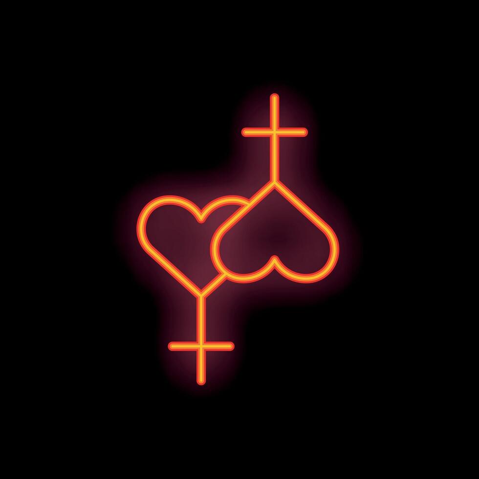 Neon lesbian couple symbol with two hearts intertwined on black background vector