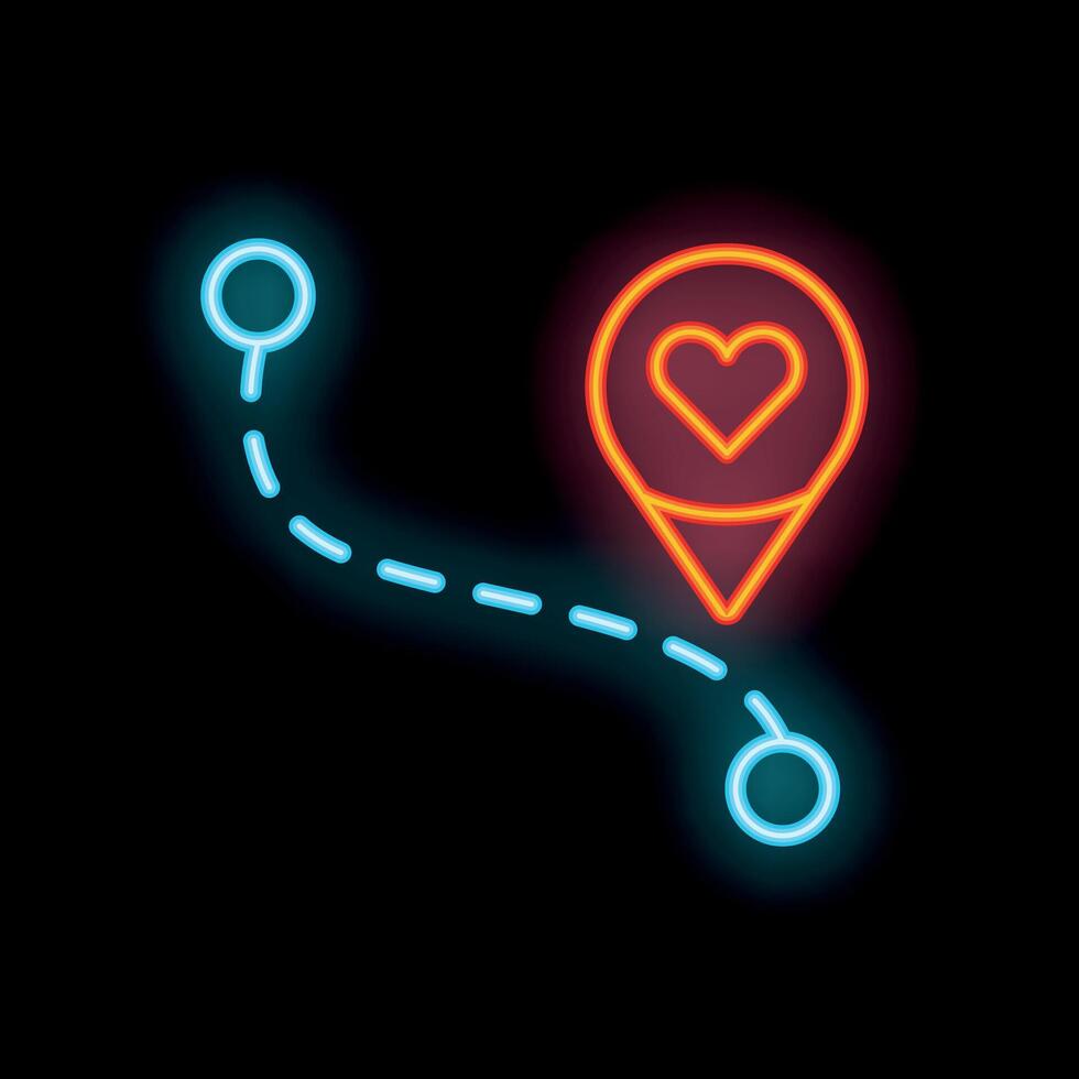 Neon icon showing path to love with heart pin on map vector