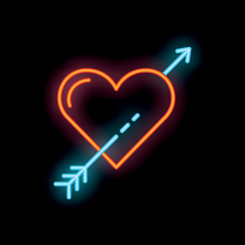 Neon heart pierced by cupid's arrow on black background vector