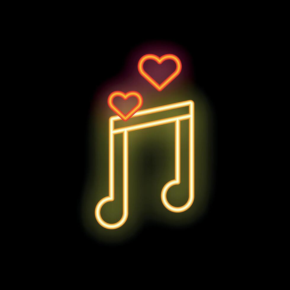 Neon musical note with hearts floating above on black background vector