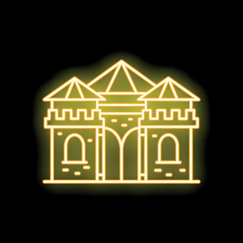 Yellow neon medieval castle glowing on black background vector