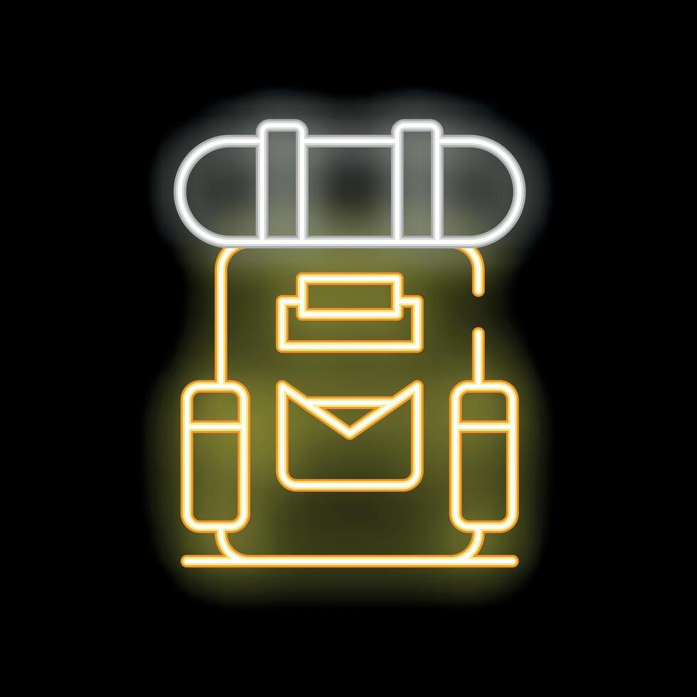 Neon backpack icon for camping and hiking glowing on dark background vector