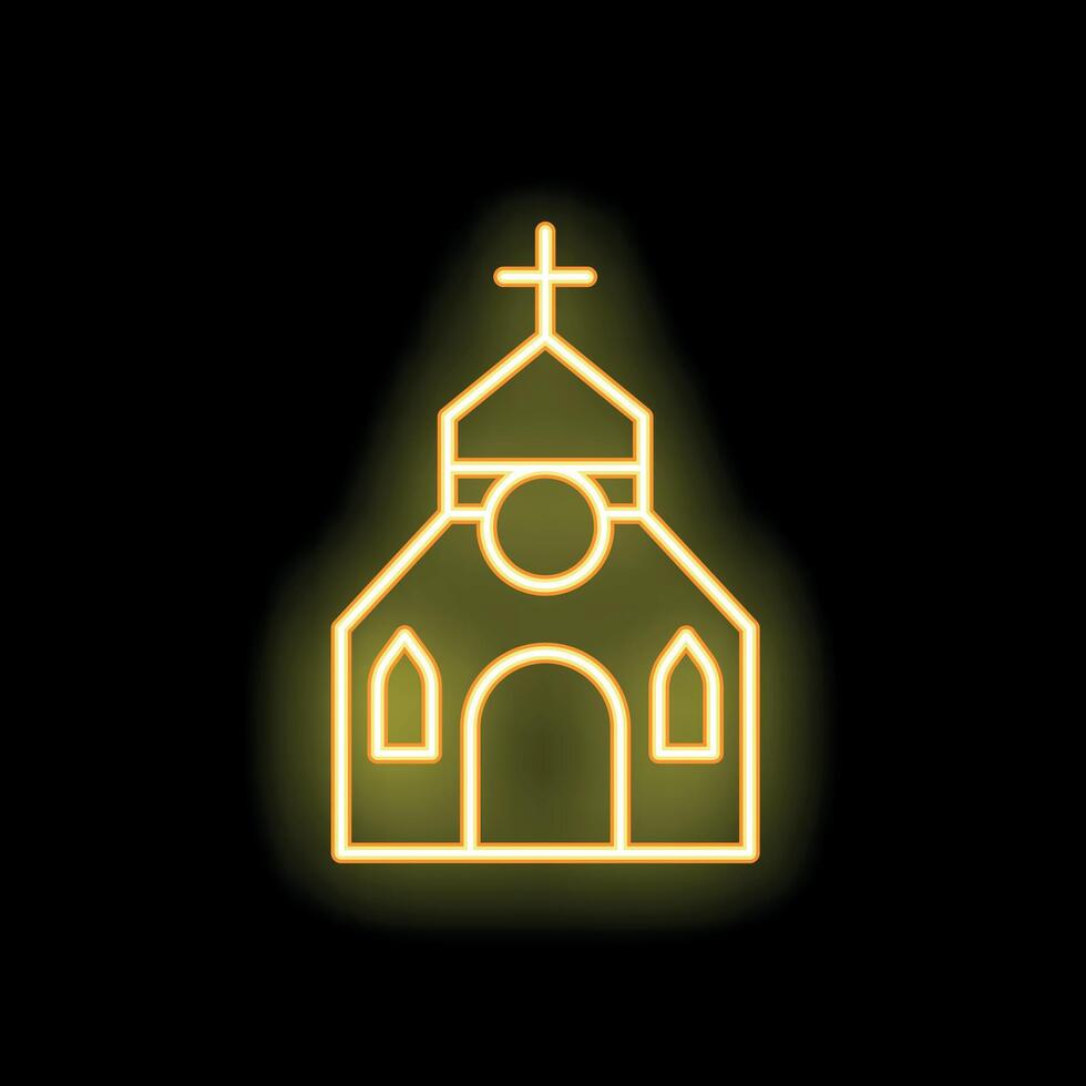 Neon yellow church building with cross shining on black background vector
