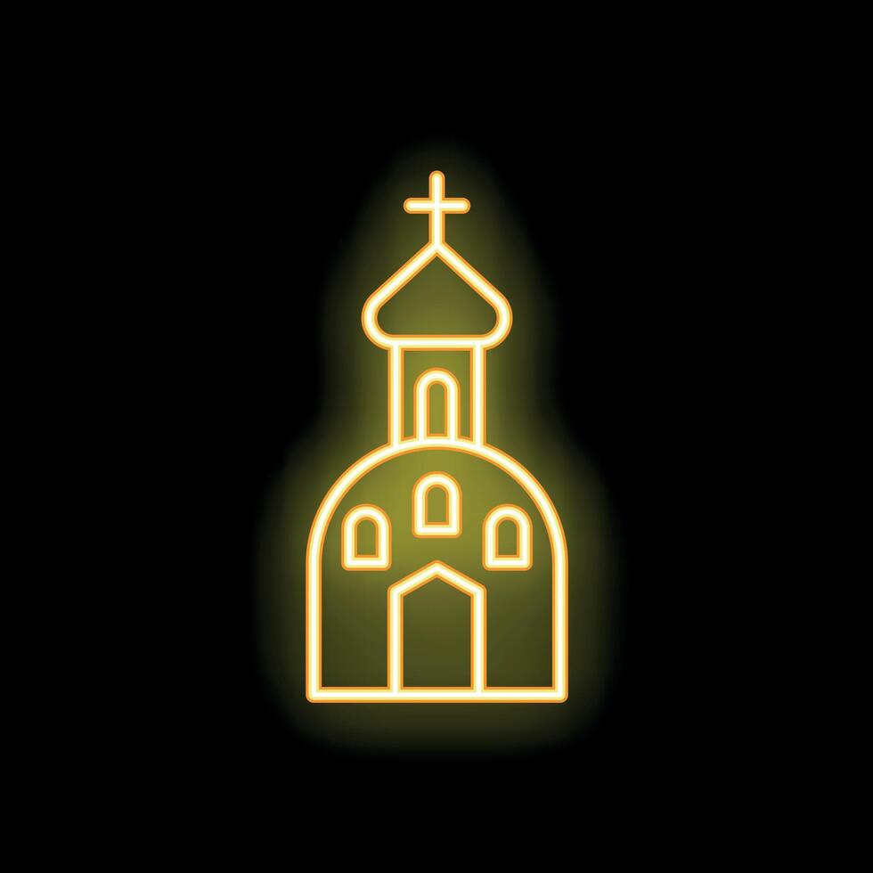 Neon icon of christian church building glowing on dark background vector