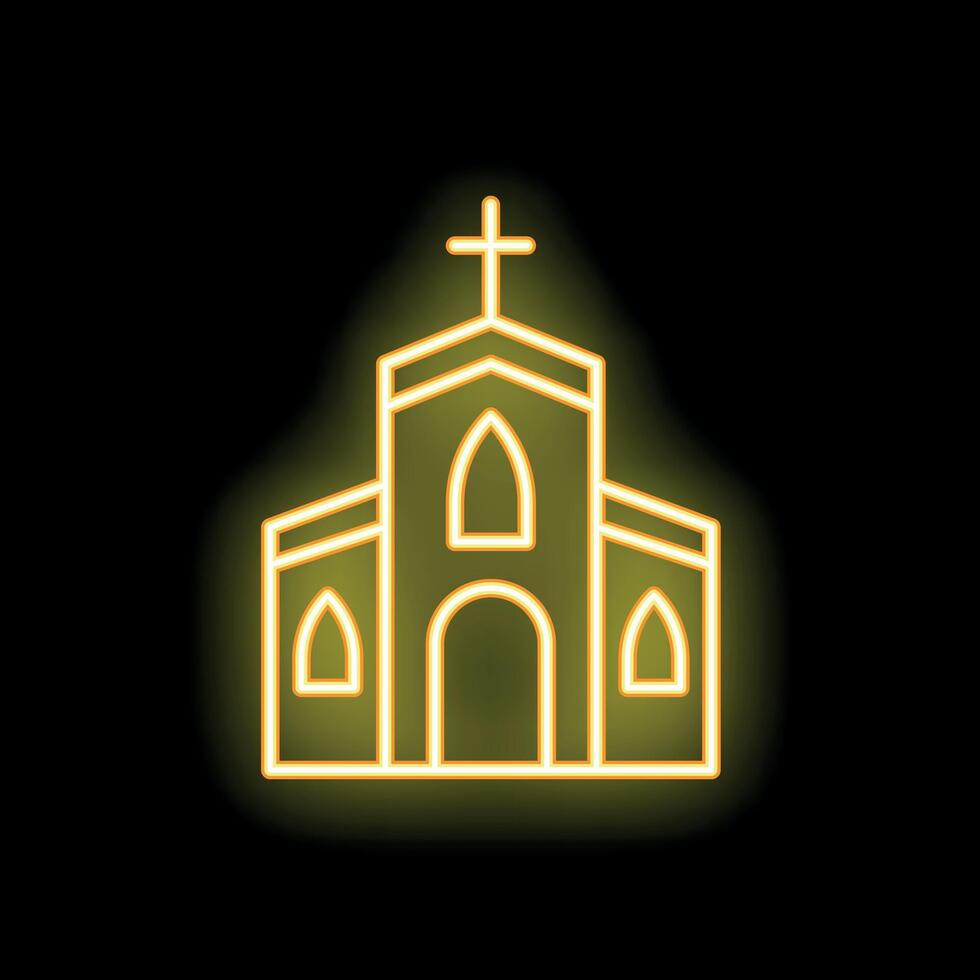 Neon sign depicting church building with glowing cross on top vector