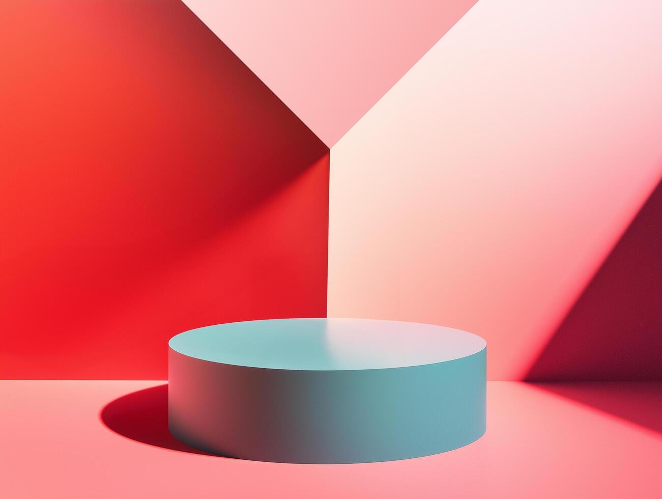 A blue and red table in front of a pink wall photo