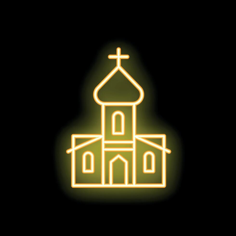 Neon yellow orthodox church building shining on black background vector