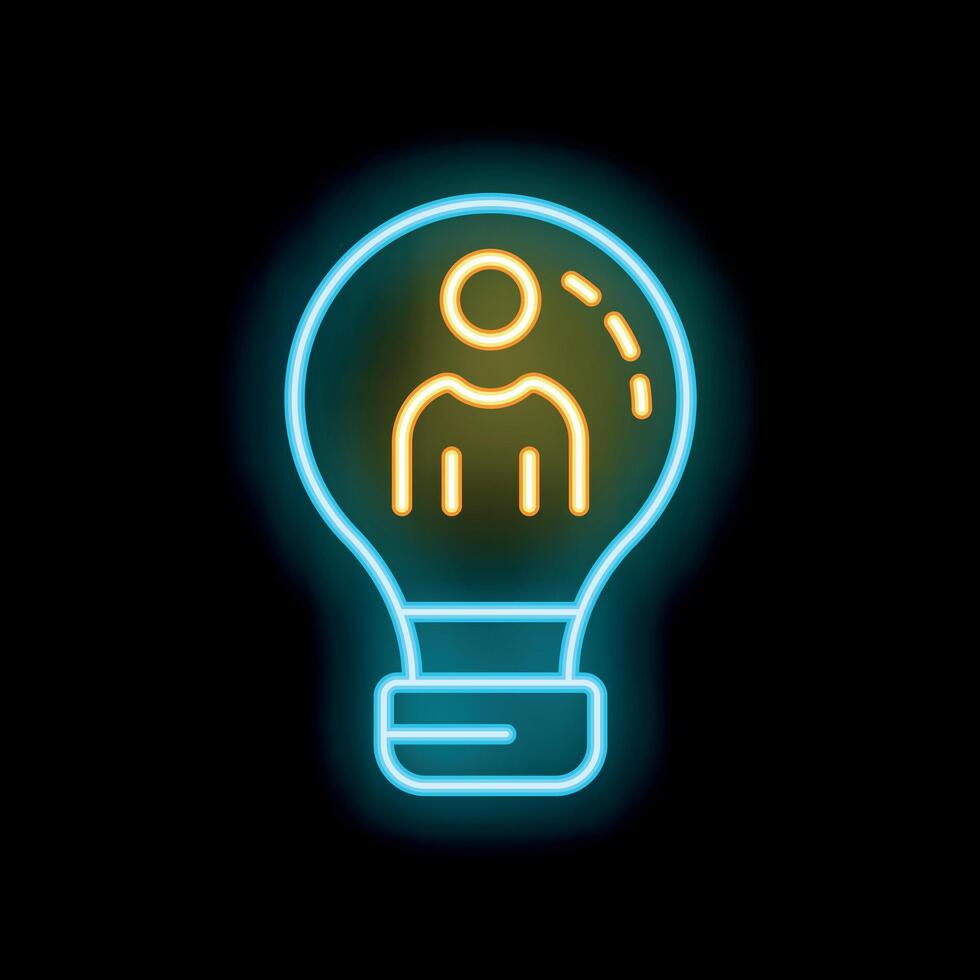Neon icon of light bulb with human figure representing idea generation vector