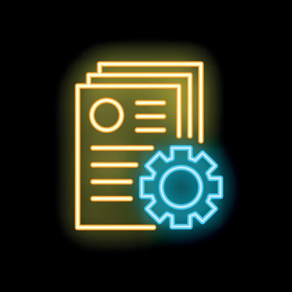 Neon icon of gear engaging with documents for automation concept vector