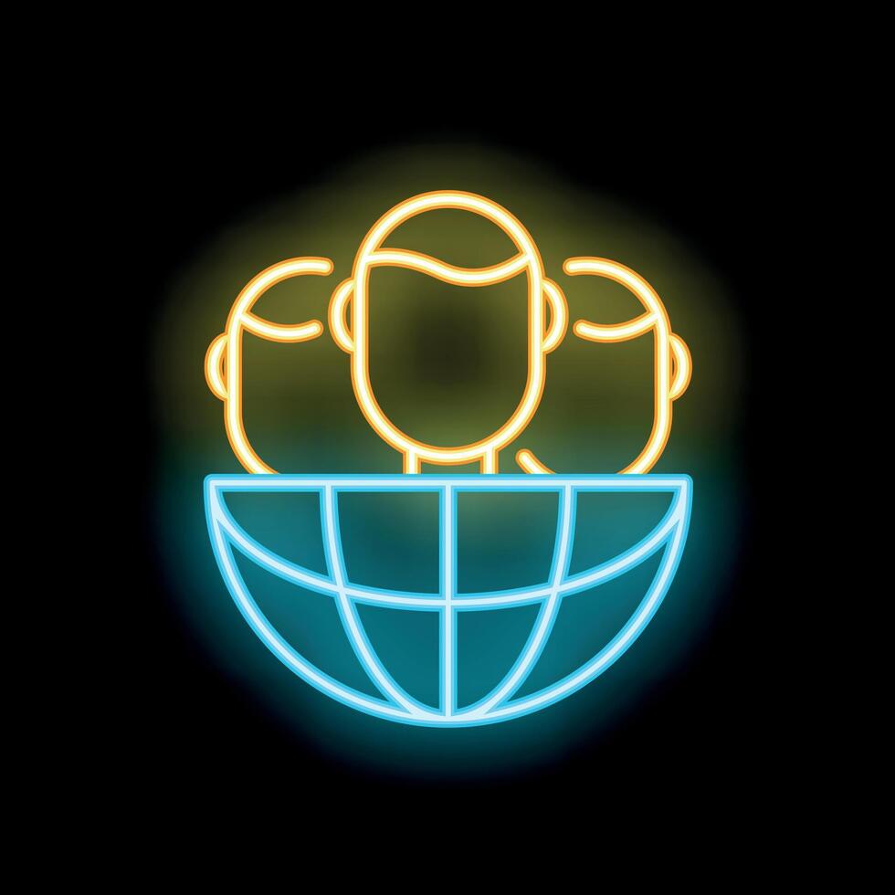 Neon icon of three people connected globally representing global community vector