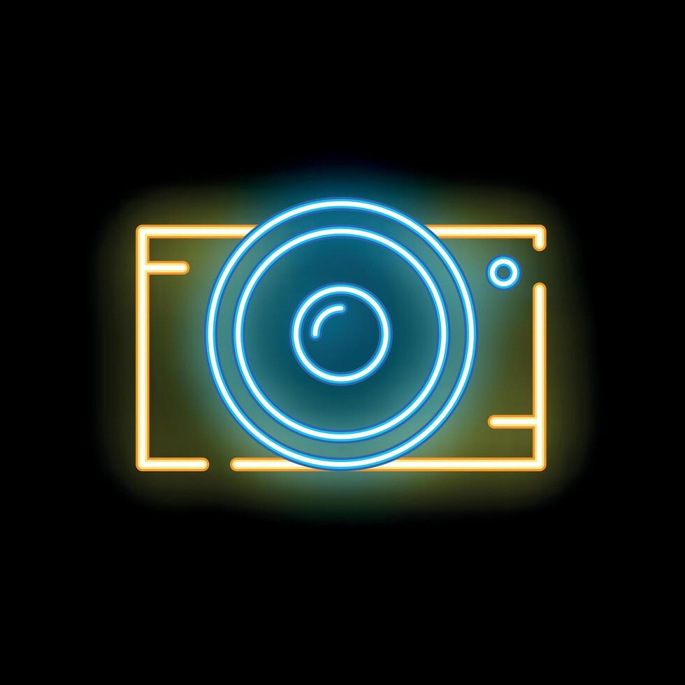 Neon sign representing a camera flashing on a black background vector